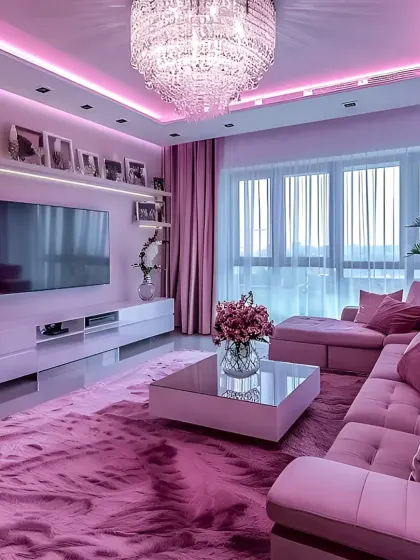 For clients who love a bold statement, we create unique, color-themed living rooms. This design uses various shades of pink across the furniture, rug, and lighting to create a vibrant, monochromatic, and glamorous space.