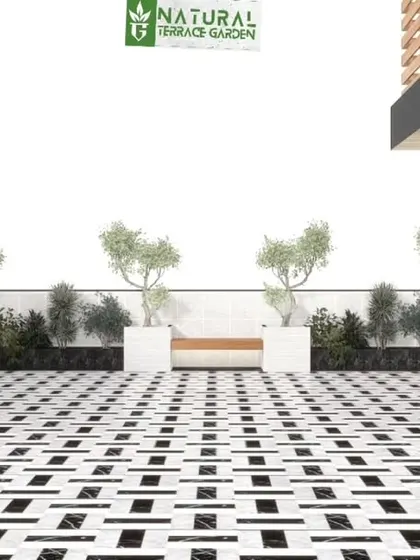 3D design detail of the tiled patio area for the Najafgarh project. The black and white patterned tiles create a striking contrast with the surrounding greenery and planters.