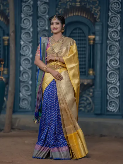 A half-saree look created by a student. I teach them how to balance colors and textures for a harmonious and beautiful result.