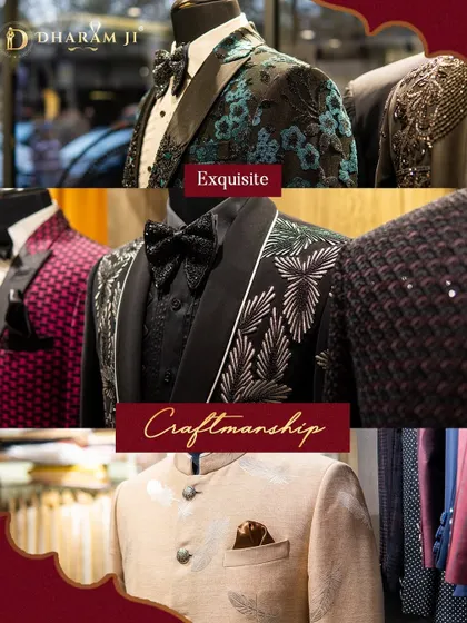 This collage captures the essence of my work: exquisite craftsmanship across a variety of styles. From embroidered tuxedos to elegant bandhgalas, each piece is a work of art, designed to offer timeless elegance.