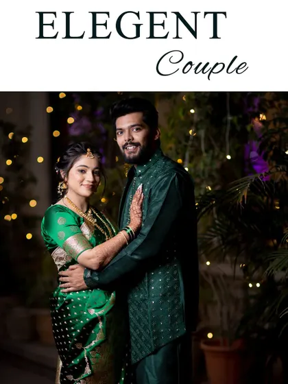 An elegant couple portrait against a backdrop of fairy lights, with the bride in a beautiful green saree.