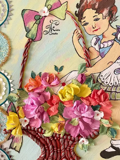 A detailed shot of the girl with the flower basket. This angle shows the texture of the basket and the individual flowers, each one a tiny sculpture in itself.