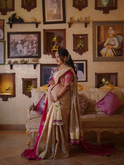 A stunning portrait of the mother-to-be in a grand room. Our floral accessories add a soft, natural element to the otherwise regal and traditional setting.