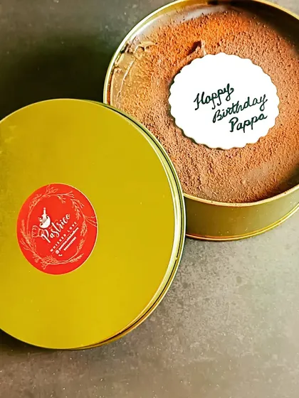 My 5-in-1 Mocha Dream Cake, also known as a torte cake, comes in this convenient tin. It features five layers of chocolatey, coffee-infused goodness.