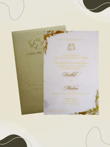 The complete metallic light brown wedding invitation set, including the envelope and inserts. A perfect choice for a modern, understated wedding.