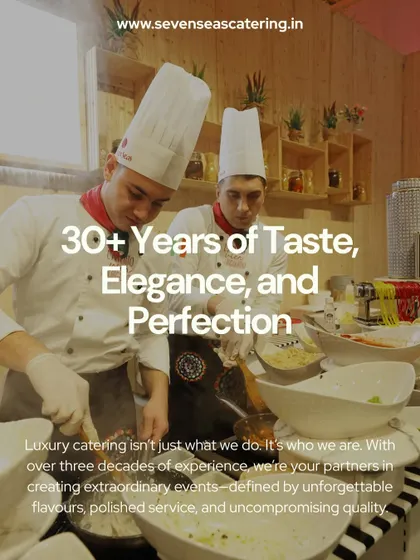 "30+ Years of Taste, Elegance, and Perfection." This image shows our chefs in action, representing the decades of experience and dedication that define our brand and promise an unparalleled catering experience.