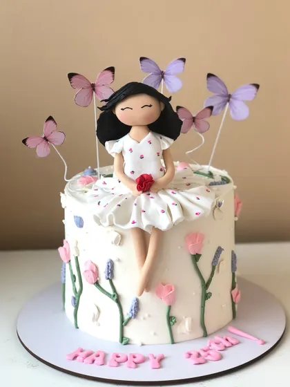 A whimsical cake with a doll sitting in a field of buttercream flowers, surrounded by fluttering butterflies.
