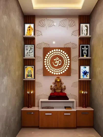 This pooja room design uses a backlit 'Om' panel as a central feature. The wooden cabinetry provides storage, while the side niches are perfect for displaying smaller idols and photos.