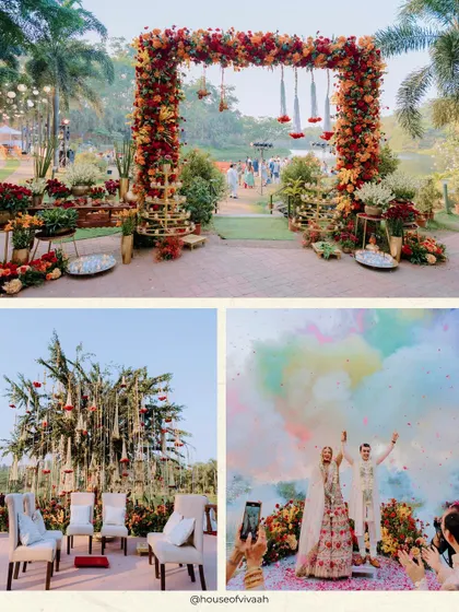 A collage of a serene wedding at Oleander Farms, featuring a floral arch entrance, a mandap set under a tree with hanging floral strings, and the couple's joyful color-smoke exit.