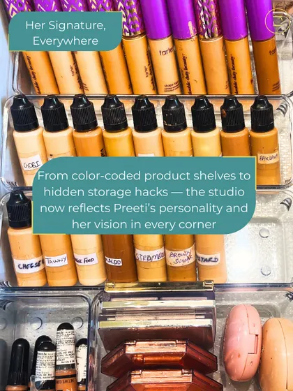 Her signature, everywhere. From color-coded product shelves to hidden storage hacks, the studio now reflects the artist's personality and vision.