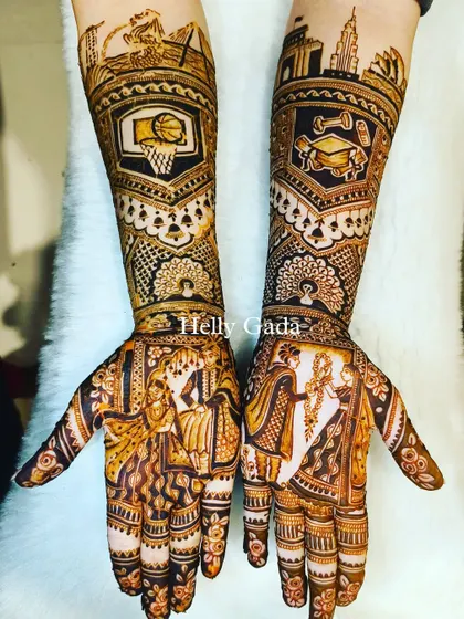 A customized bridal design that blends tradition with personal passions. It includes a varmala scene, a graduation cap, a basketball hoop, and city skylines, telling a truly unique story.