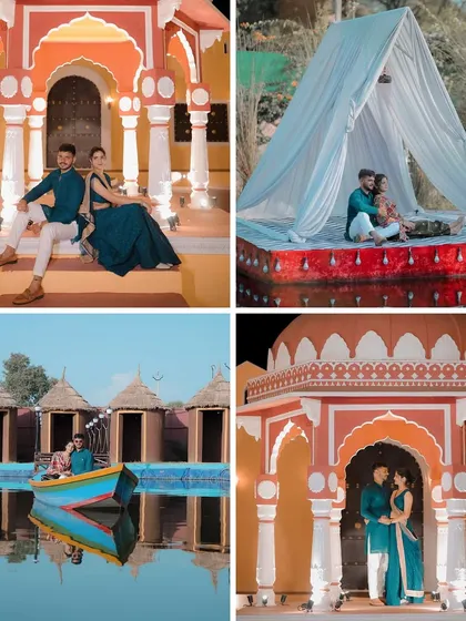 A vibrant collection showcasing our Rajasthani-themed sets, including a colorful palace facade, a tented platform on the water, and a rustic village boat ride.