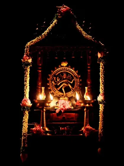 The sacred altar for Bhanu Priya's Margam recital. Every performance begins with a prayer to Lord Nataraja, the cosmic dancer, seeking his blessings.
