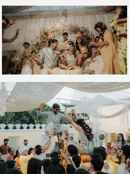 The joyous chaos of a Haldi celebration, with the couple being lifted up by friends and family. We capture the energy from every angle.