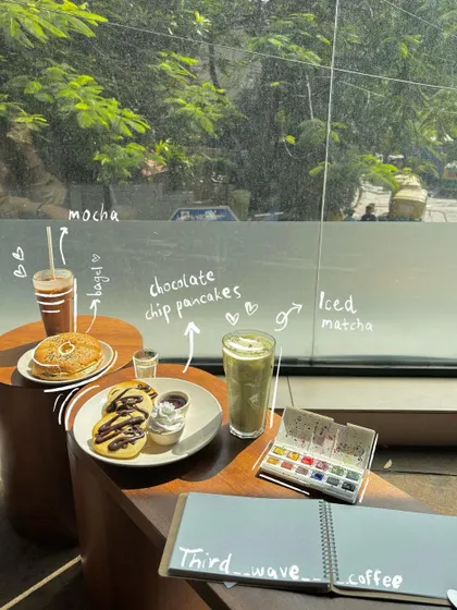A coffee and pancake spread at Third Wave Coffee. I used handwritten text to label all the yummy items.