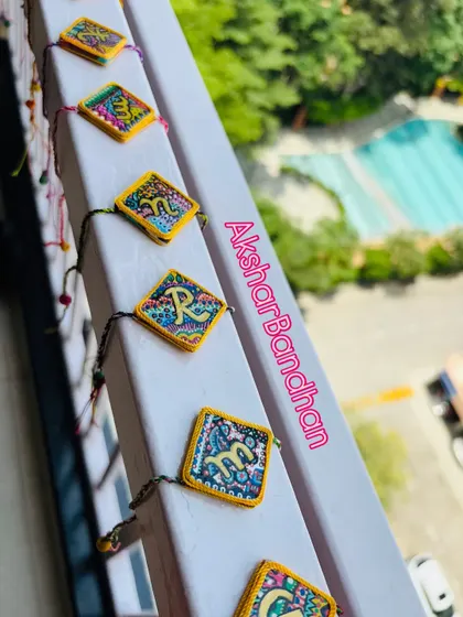 My AksharBandhan Rakhis lined up and ready to be sent out. You can see the variety of letters and background patterns, making each one unique.