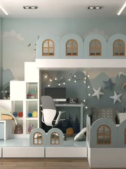 A whimsical, castle-themed bunk bed design in soft pastel blue. The structure includes a staircase with built-in storage, a desk area, and charming window details, creating a magical space for sleep and play.