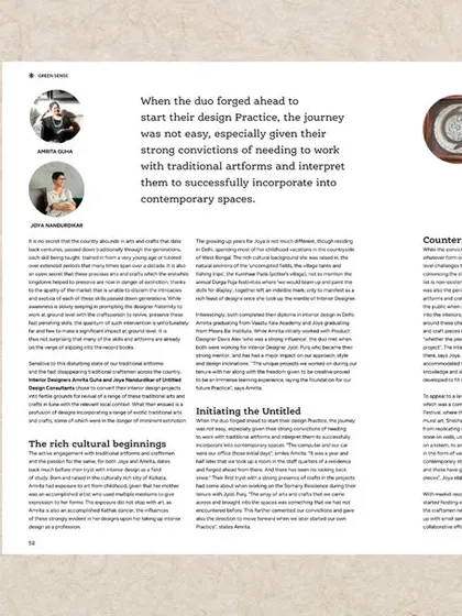 An article from AntaryaMag detailing our design practice's journey, our cultural beginnings, and the challenges and rewards of working with traditional artisans to interpret their crafts for modern interiors.