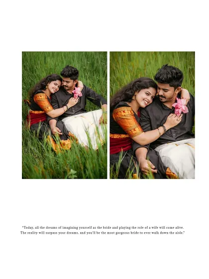 A collage of a couple in a lush green field, dressed in traditional attire, capturing their romantic connection.