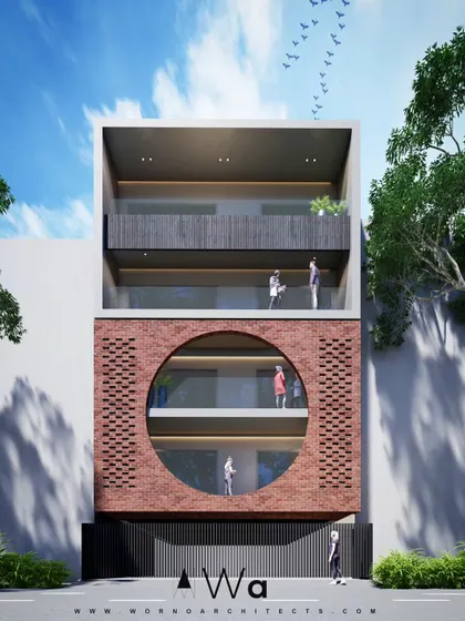 A conceptual render for a residence in Dwarka, featuring a large circular void in the brick facade that spans two floors. This design explores geometric purity and the creation of unique, sheltered balcony spaces within a modern urban home.