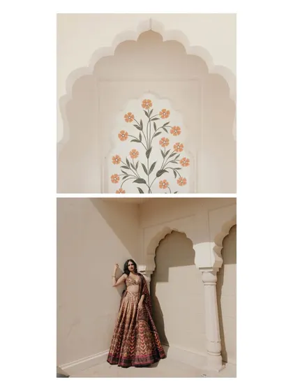 A diptych from Sandy and Darsh's shoot, pairing a detail of the venue's artwork with a stunning portrait of the bride.