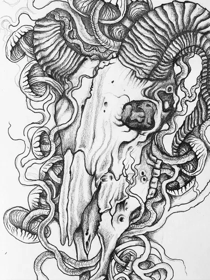 A ram skull overgrown with mushrooms and tentacles. This drawing explores the theme of nature reclaiming life after death, a common motif in my work.
