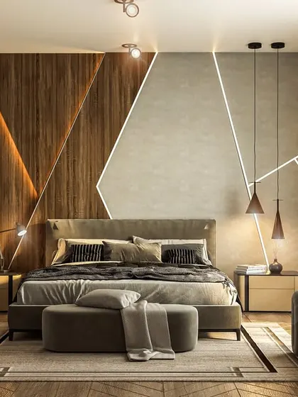 A contemporary bedroom featuring a dramatic accent wall with geometric wood panels and integrated LED strip lighting. The design is both artistic and functional, creating a warm and inviting atmosphere.