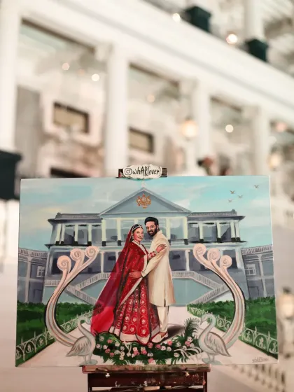 A truly royal assignment. We were invited to paint live at a wedding at the magnificent Falaknuma Palace in Hyderabad. This painting captures the couple against the palace's grand architecture, a memory fit for a king and queen.