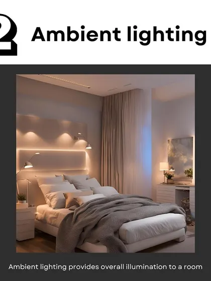Ambient lighting provides overall, general illumination to a room. It's the foundational layer of light, often coming from ceiling fixtures, chandeliers, or cove lighting.