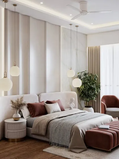 A 3D render of an elevated master bedroom sanctuary. A neutral color palette is enhanced by curved panels in textured paint, grooved marble details, and a stunning TV wall with a tinted mirror.