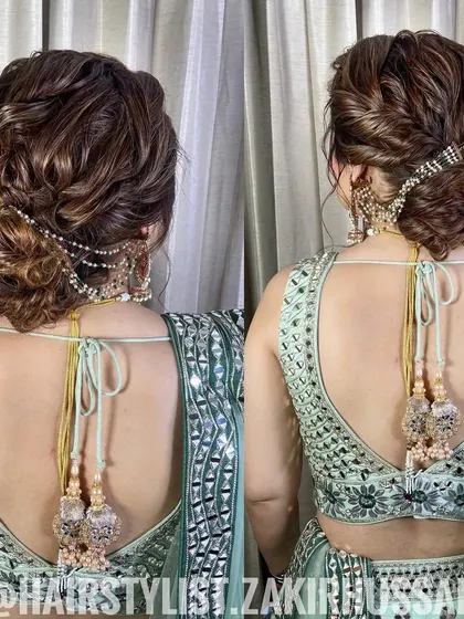 A collage showing a textured updo with a jeweled hair accessory from two different angles. This is a great option for a sangeet or engagement.