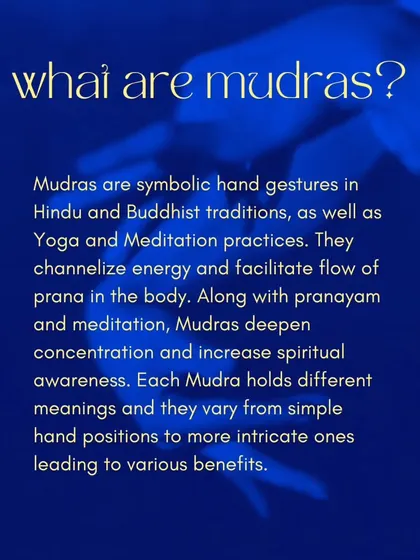 This graphic explains the fundamental concept of Mudras. They are symbolic hand gestures used in yoga and meditation to channelize energy and facilitate the flow of prana, or life force, in the body.