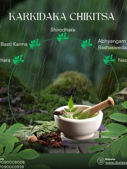 This infographic illustrates the cycle of therapies included in our Karkidaka package. From Nethradhara for eyes to Basti Karma for detox, we offer a complete system of care.