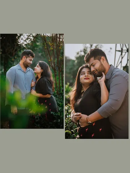 A diptych of intimate couple portraits in a lush, green setting.