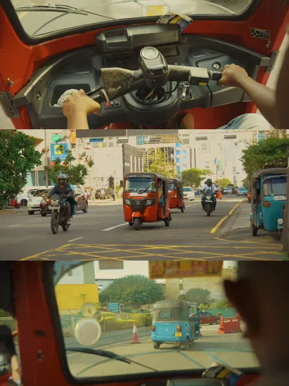 A collage of shots from a tuk tuk ride in Colombo, capturing the driver's perspective and the view of other vehicles on the busy streets.