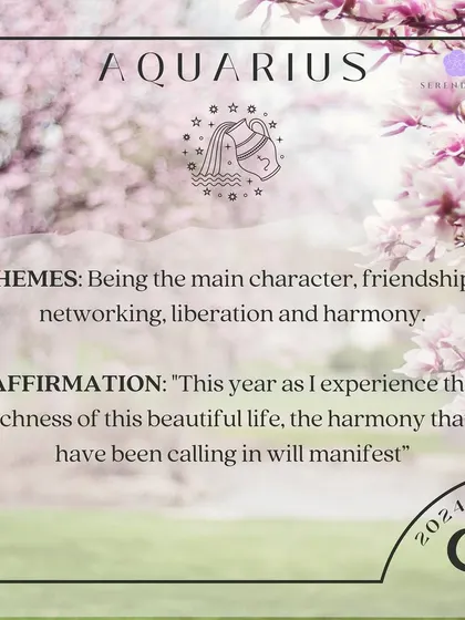 An affirmation for Aquarius. This year's themes are about being the main character, fostering friendships, and finding harmony. Affirm: "This year as I experience the richness of this beautiful life, the harmony that I have been calling in will manifest."