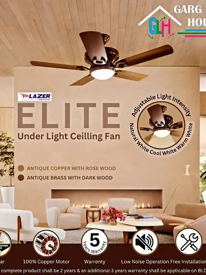 This is the Lazer Elite under light ceiling fan, a perfect blend of function and style. It features a 100% copper motor, adjustable light intensity from warm white to cool white, and comes in premium finishes like antique copper with rose wood.