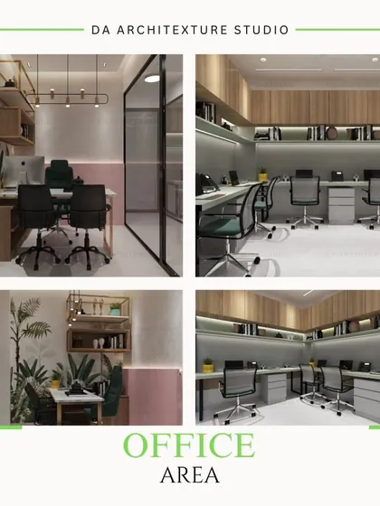 A collage showcasing the office area, including the general workspace with ample storage and ergonomic seating.
