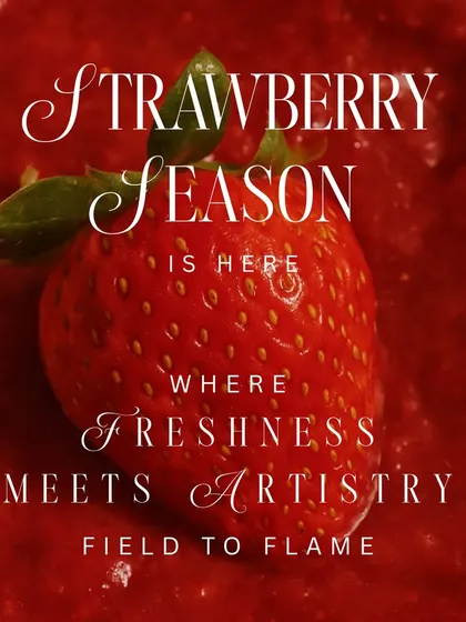 Where freshness meets artistry. A perfect, handpicked strawberry rests in its own slow-simmered compote. This is our philosophy: honoring the ingredient from field to flame.
