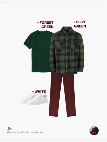This is a duplicate of ID 20, showing a stylish combination of wine trousers with forest and olive green layers, perfect for a relaxed yet put-together outfit.