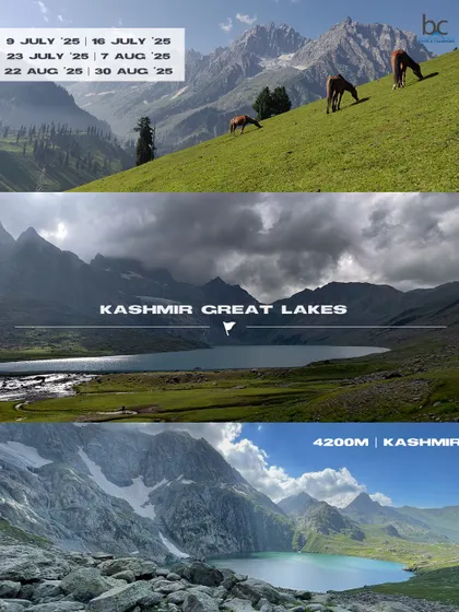 A collage showcasing the Kashmir Great Lakes trek. From horses grazing on green slopes to the pristine alpine lakes, this trek is truly heaven on earth. Our 2025 dates are now open.
