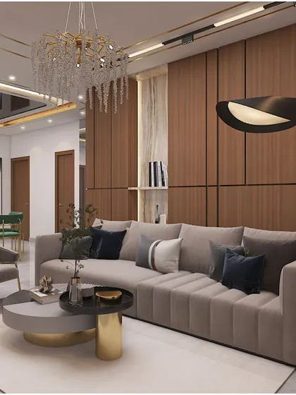 This living room render features a warm, wood-paneled accent wall, a comfortable sectional sofa, and a modern arc floor lamp.