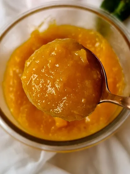 A spoonful of our fresh and tangy Peach and Apricot Confit.