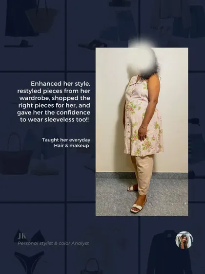 We enhanced her existing wardrobe, shopped for the right new pieces, and gave her the confidence to wear sleeveless tops, something she was hesitant about before.