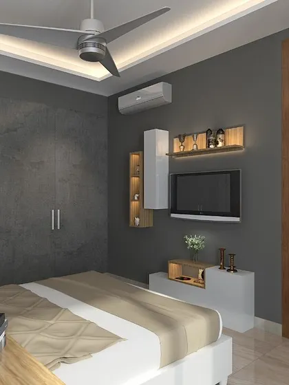 This bedroom design concept features a dramatic smoky grey accent wall and wardrobe, contrasted with crisp white furniture.