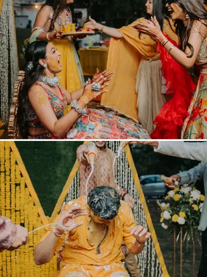The before and after of a Haldi! From the bride's playful expression to the groom getting completely drenched.