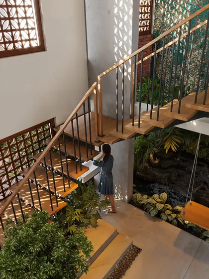 An overhead view of the courtyard, showing the interplay of light and shadow created by the jali screen windows.
