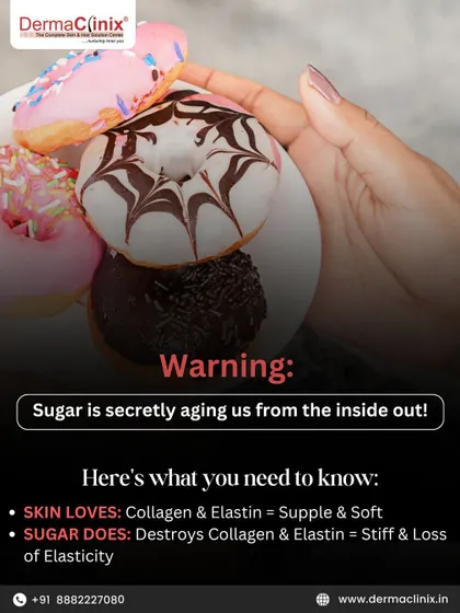 This graphic explains how sugar damages collagen and elastin, the proteins that keep skin supple and soft. This destruction leads to stiffness and a loss of elasticity.
