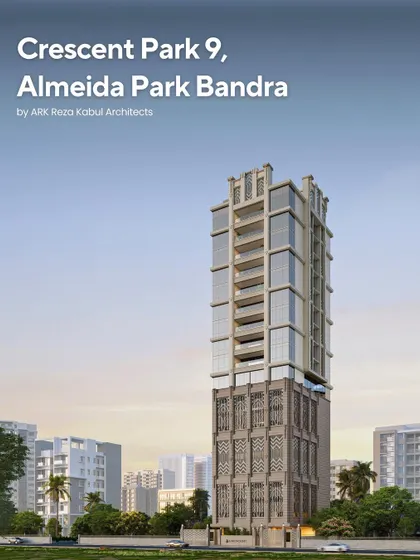 A perspective of Crescent Park 9 in Bandra, showing how its Art Deco-inspired design creates a sophisticated landmark. The 20-story tower combines a striking façade with lavish interiors and elevated lifestyle amenities.