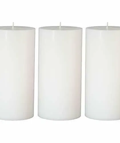 A set of three identical large white pillar candles. These are a popular choice for hotels and event managers who need uniform, high-quality candles for decoration.